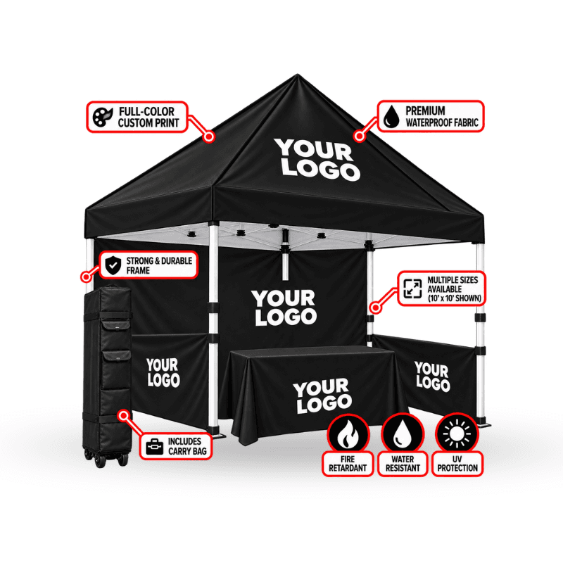 Custom Tent Including Aluminium Frame , Wheel Carry Bag With Top + 1 Full Wall , 2 Half Walls And Table Cover
