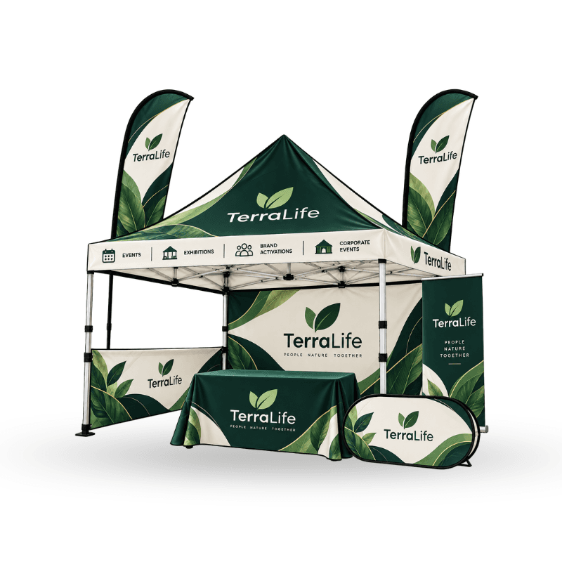 Custom Tent Including Aluminium Frame , Wheel Carry Bag With Table Covers , Flags , Frame Banner & Roll Up Banner