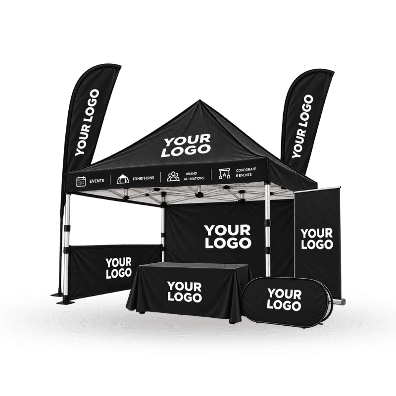 Custom Tent Including Aluminium Frame , Wheel Carry Bag With Table Covers , Flags , Frame Banner & Roll Up Banner