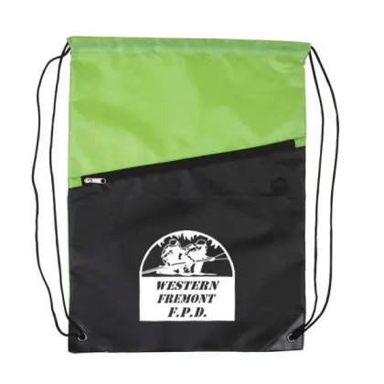Imprinted Drawstring Backpack-Zipper Pocket-Two-Tone green