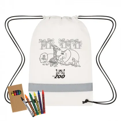 Promo Reflective Non-Woven Coloring Drawstring Bag With Crayons white